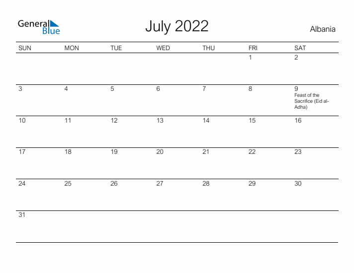 Printable July 2022 Calendar for Albania