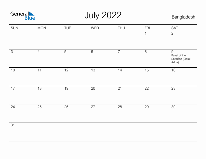 Printable July 2022 Calendar for Bangladesh