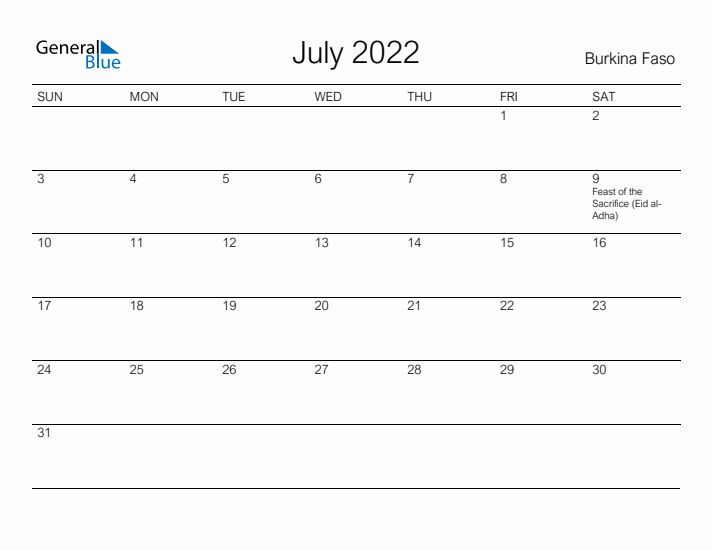 Printable July 2022 Calendar for Burkina Faso