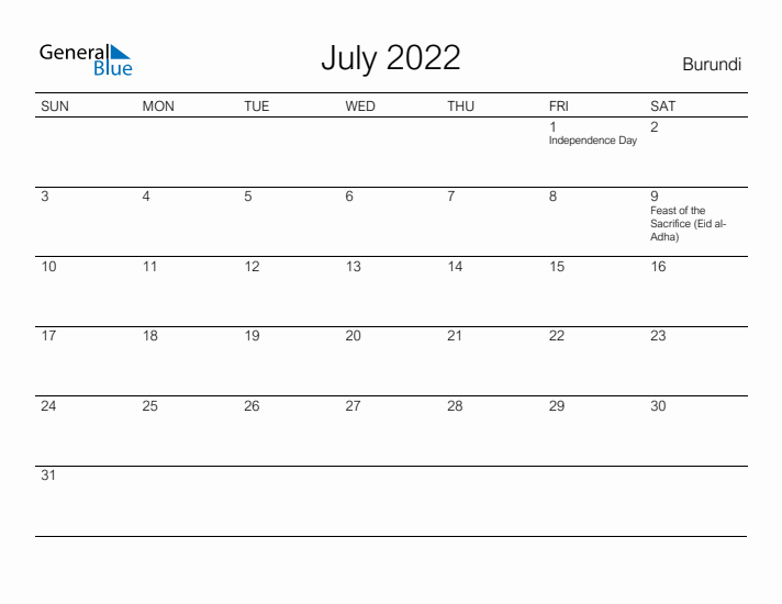 Printable July 2022 Calendar for Burundi