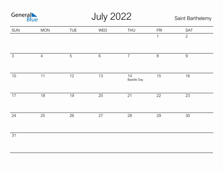 Printable July 2022 Calendar for Saint Barthelemy