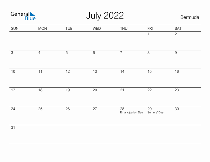 Printable July 2022 Calendar for Bermuda