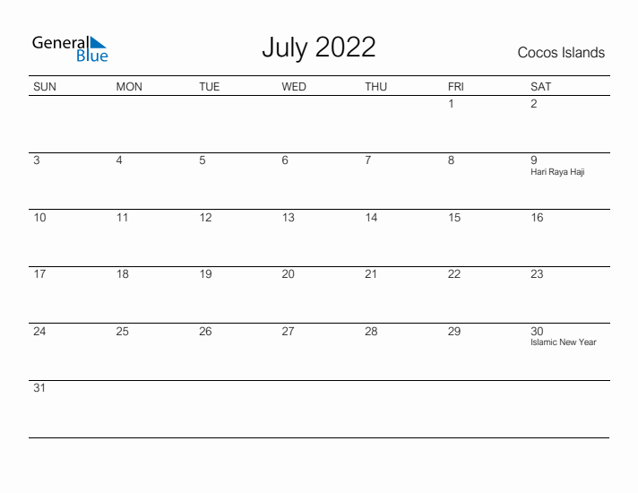 Printable July 2022 Calendar for Cocos Islands