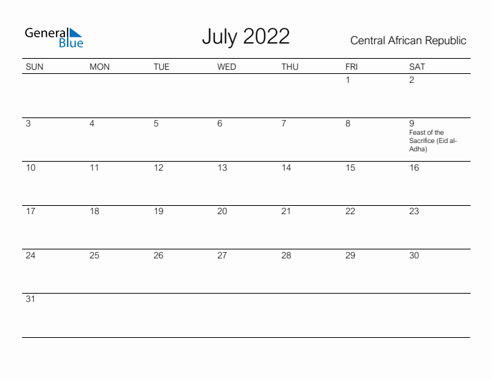 Printable July 2022 Calendar for Central African Republic