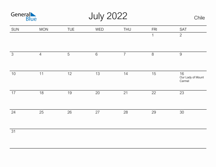 Printable July 2022 Calendar for Chile