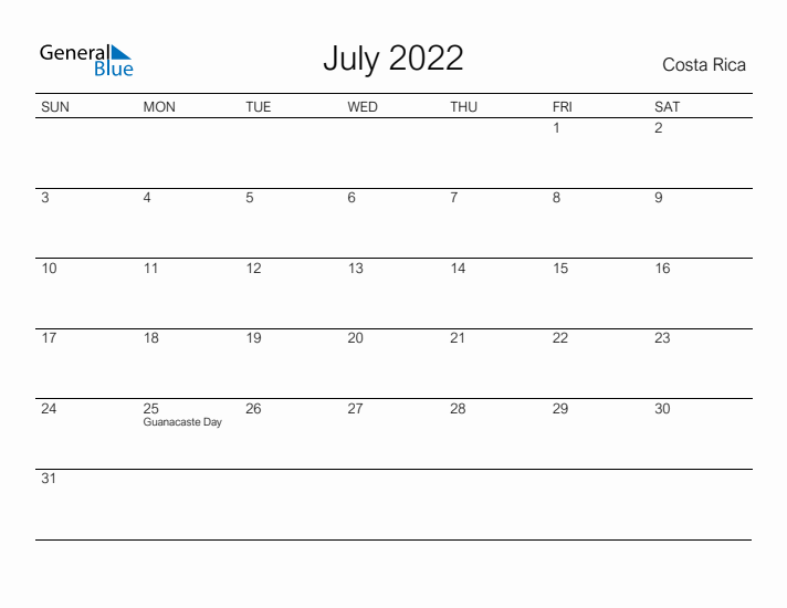 Printable July 2022 Calendar for Costa Rica