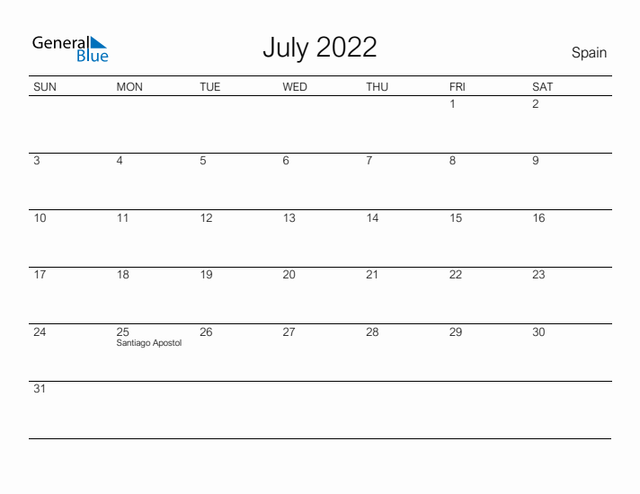 Printable July 2022 Calendar for Spain