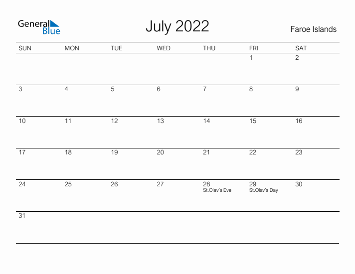 Printable July 2022 Calendar for Faroe Islands