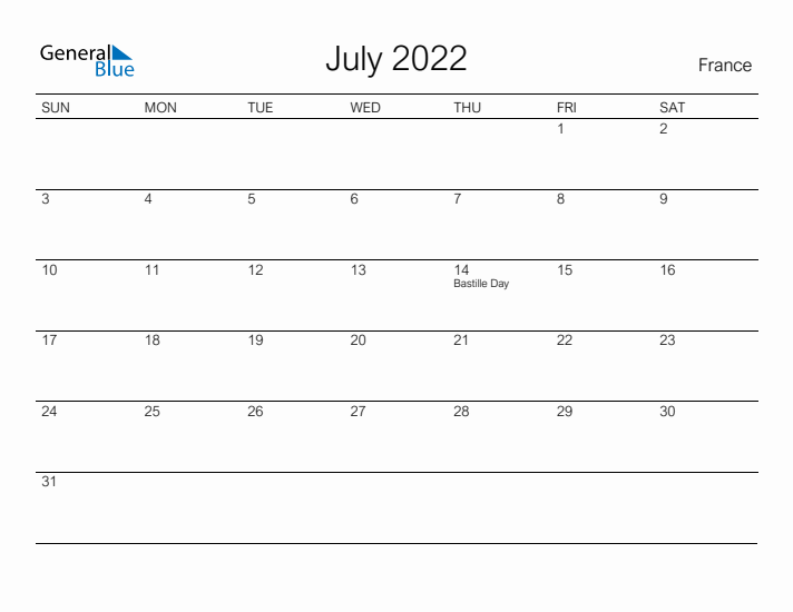 Printable July 2022 Calendar for France