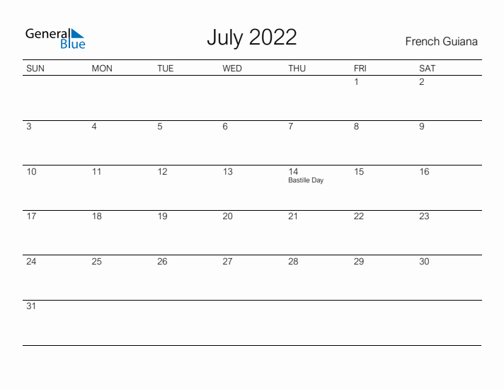 Printable July 2022 Calendar for French Guiana