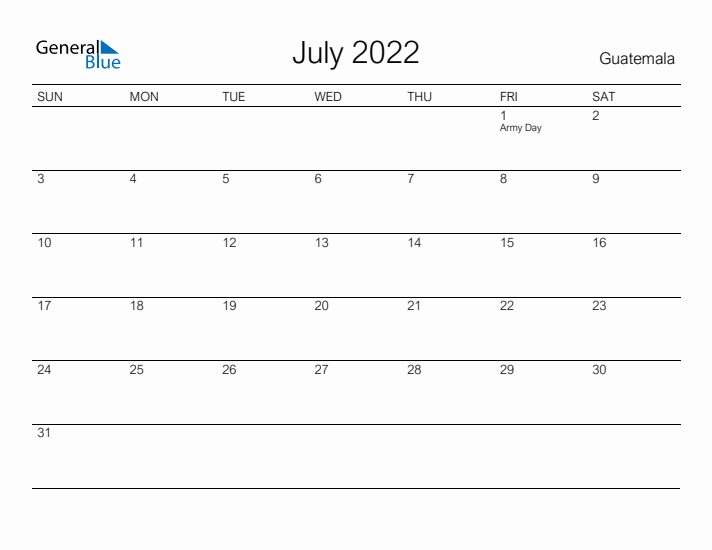 Printable July 2022 Calendar for Guatemala