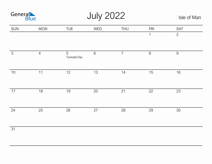 Printable July 2022 Calendar for Isle of Man