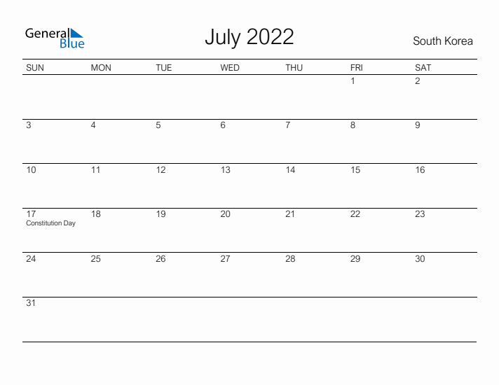 Printable July 2022 Calendar for South Korea