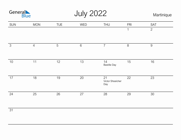 Printable July 2022 Calendar for Martinique