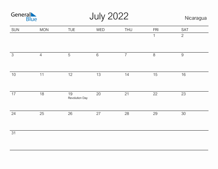 Printable July 2022 Calendar for Nicaragua