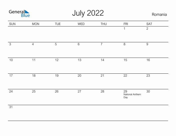 Printable July 2022 Calendar for Romania