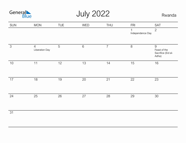 Printable July 2022 Calendar for Rwanda