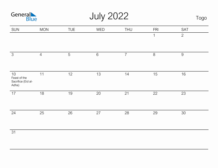 Printable July 2022 Calendar for Togo