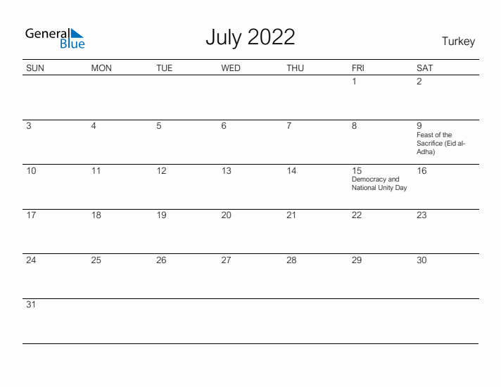 Printable July 2022 Calendar for Turkey