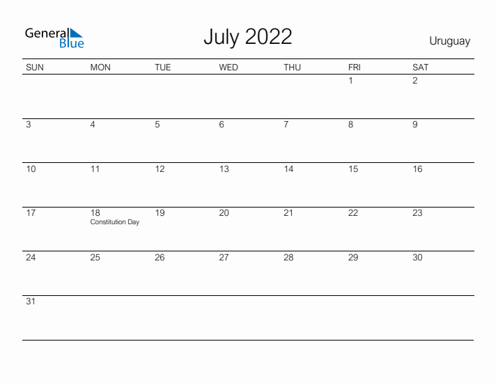 Printable July 2022 Calendar for Uruguay