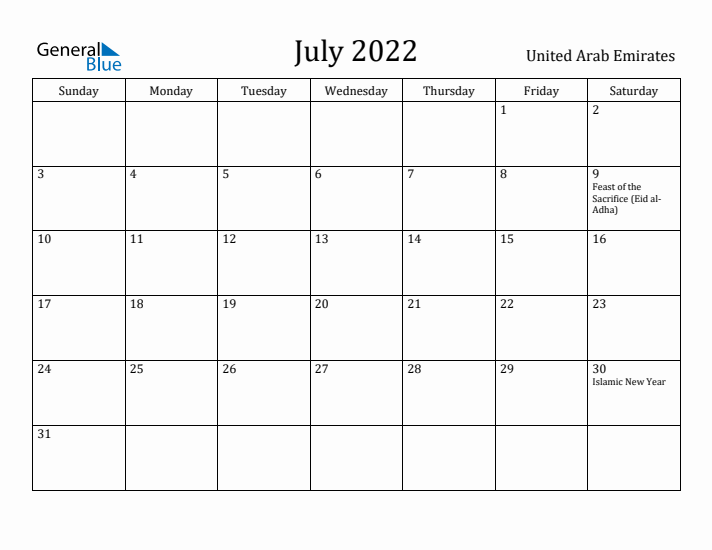 July 2022 Calendar United Arab Emirates