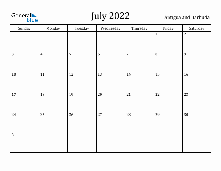 July 2022 Calendar Antigua and Barbuda