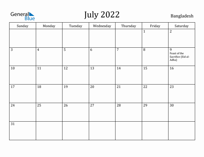 July 2022 Calendar Bangladesh