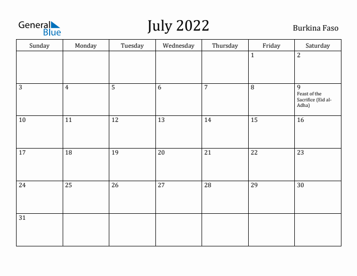 July 2022 Calendar Burkina Faso