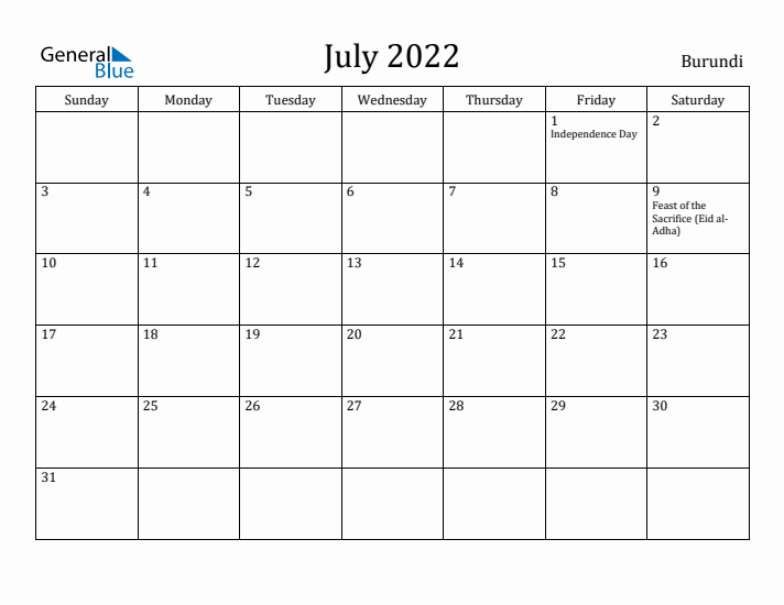 July 2022 Calendar Burundi