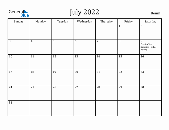 July 2022 Calendar Benin