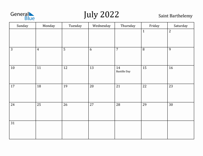 July 2022 Calendar Saint Barthelemy