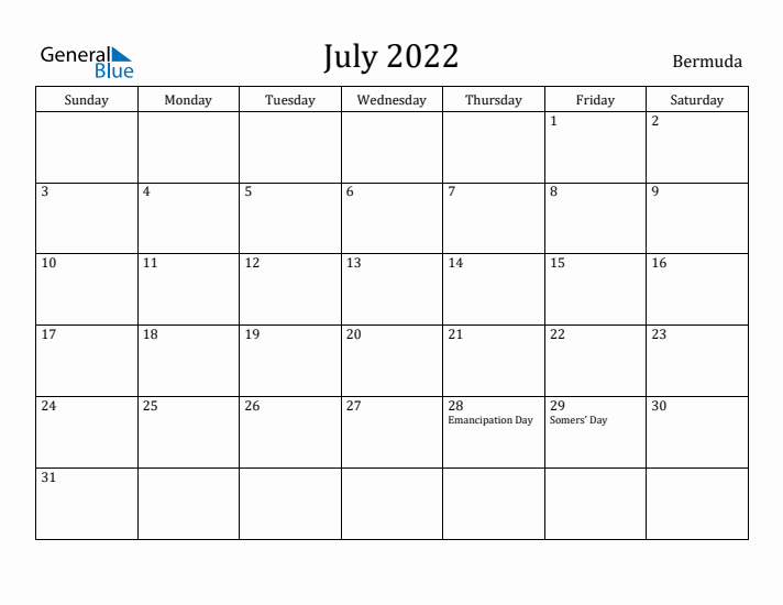 July 2022 Calendar Bermuda