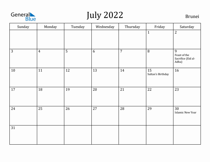 July 2022 Calendar Brunei