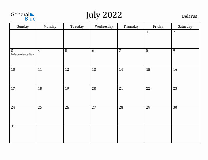 July 2022 Calendar Belarus