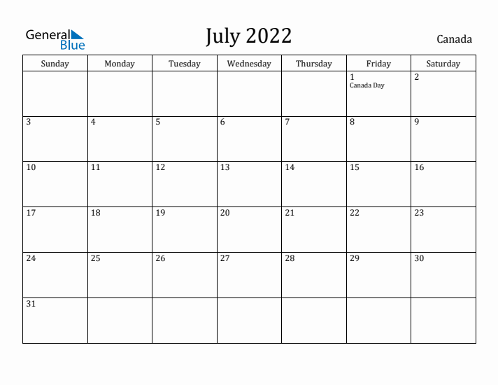 July 2022 Calendar Canada