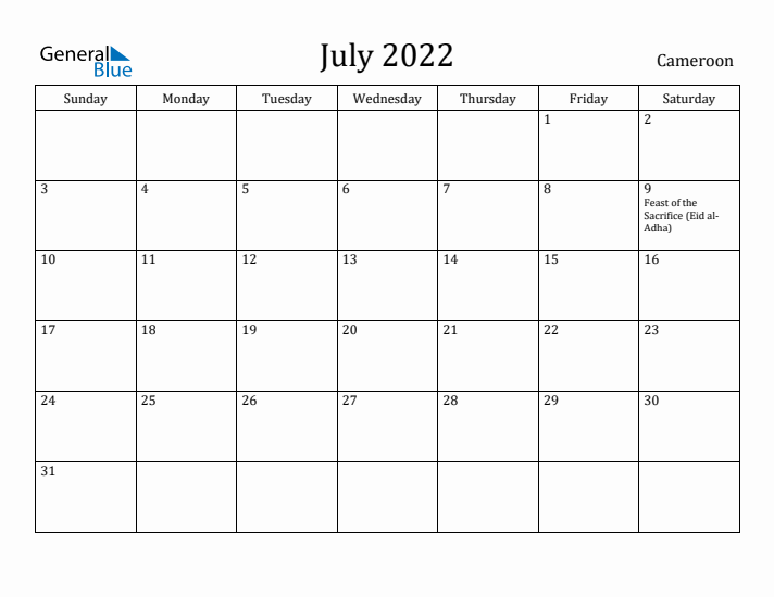 July 2022 Calendar Cameroon