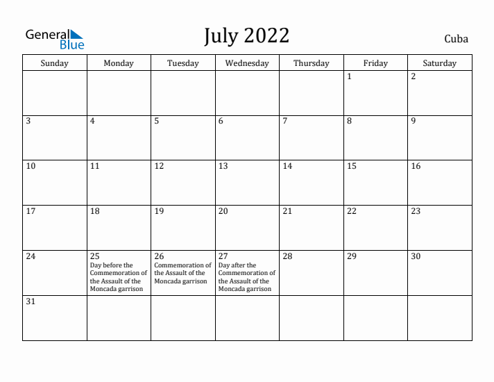 July 2022 Calendar Cuba