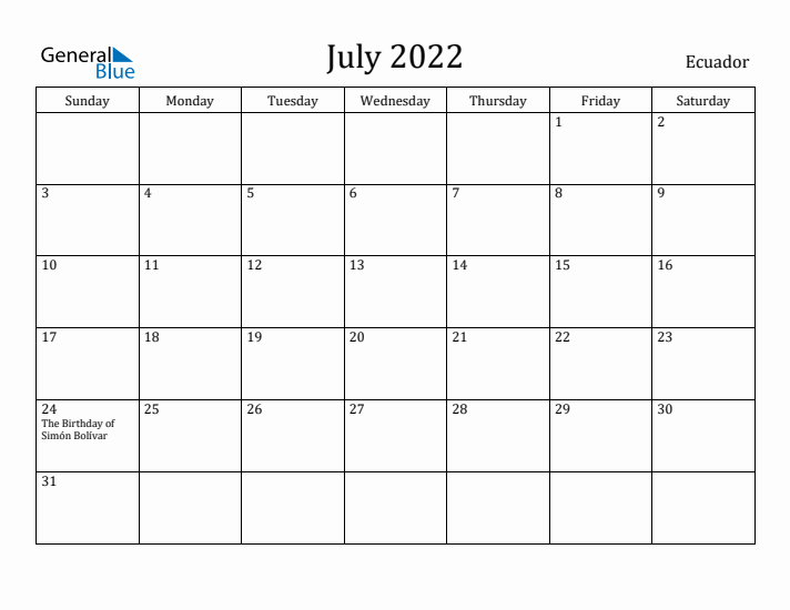 July 2022 Calendar Ecuador