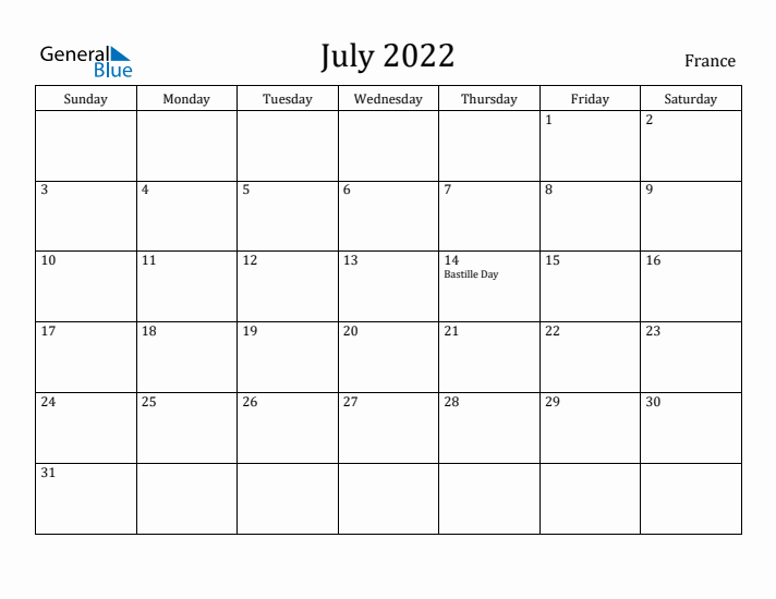 July 2022 Calendar France