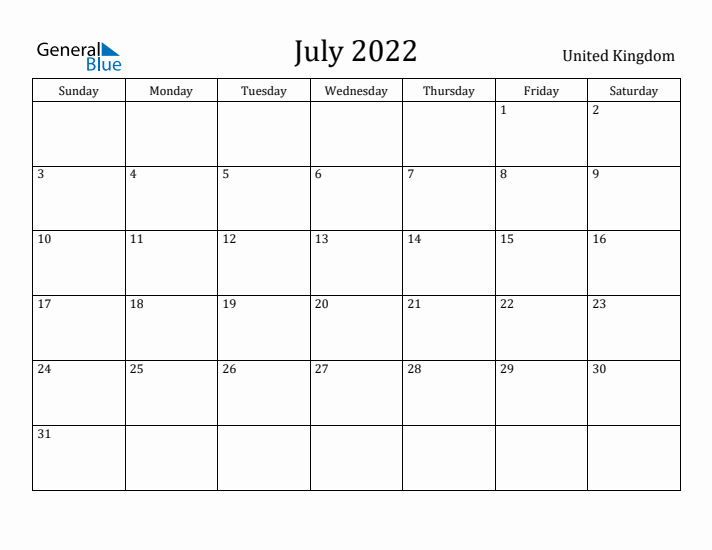 July 2022 Calendar United Kingdom