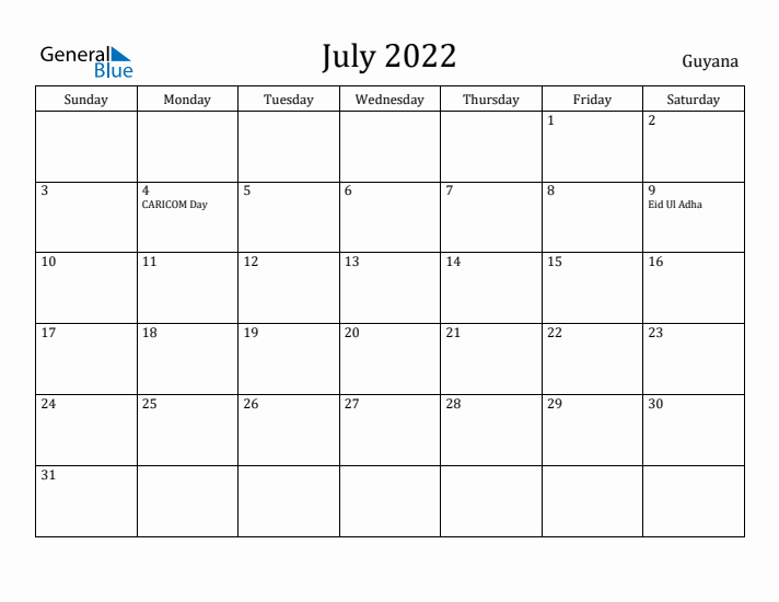 July 2022 Calendar Guyana