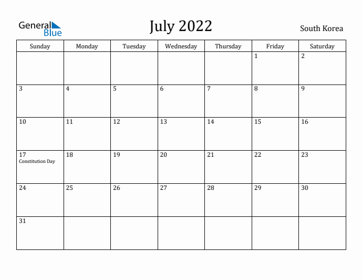 July 2022 Calendar South Korea