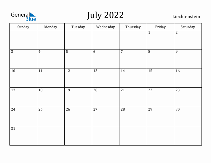 July 2022 Calendar Liechtenstein