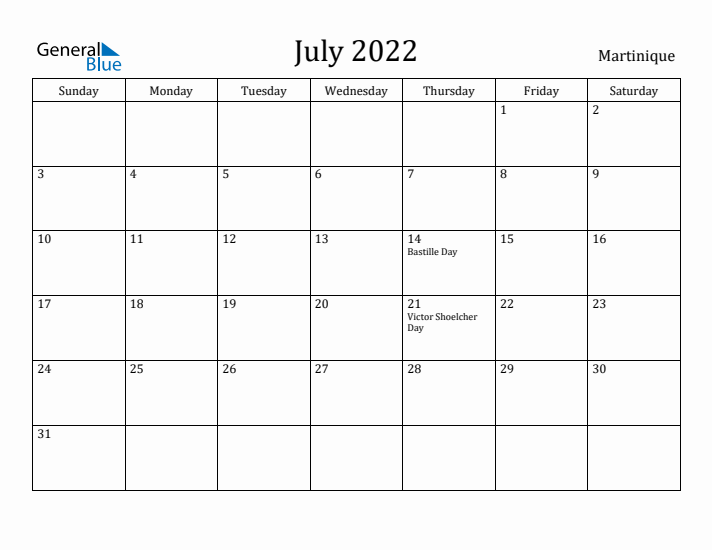 July 2022 Calendar Martinique