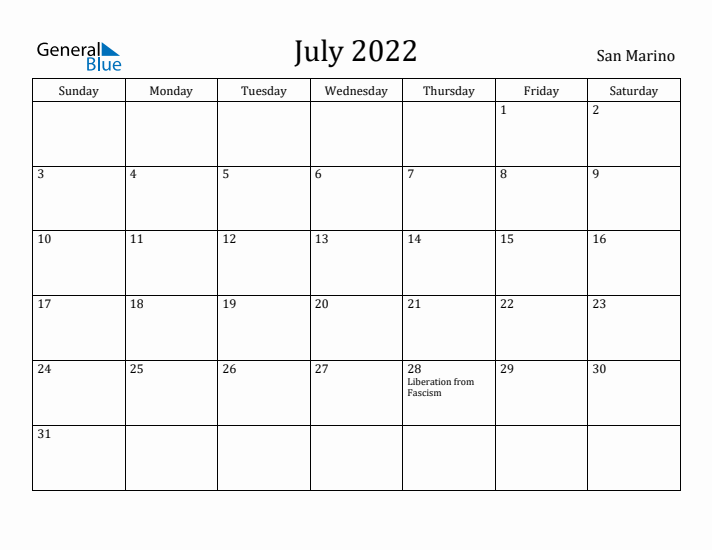 July 2022 Calendar San Marino