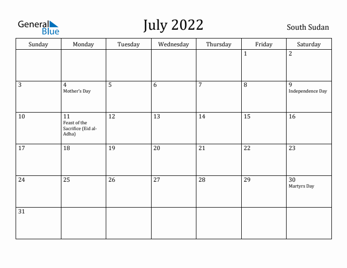 July 2022 Calendar South Sudan