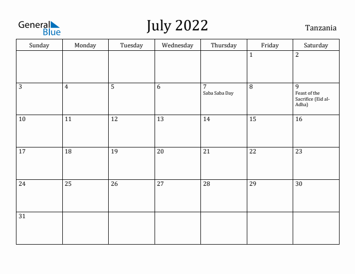 July 2022 Calendar Tanzania