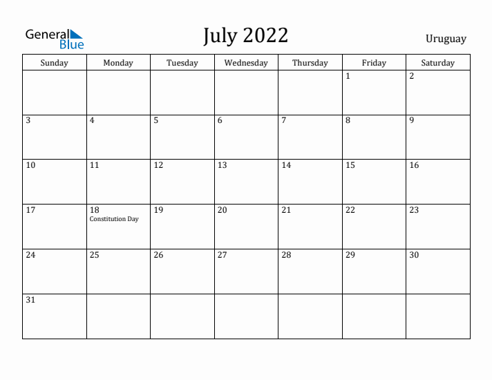 July 2022 Calendar Uruguay