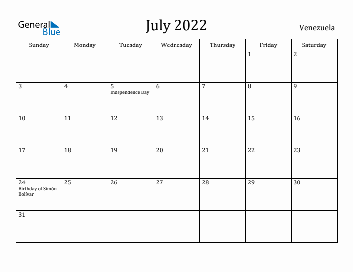 July 2022 Calendar Venezuela