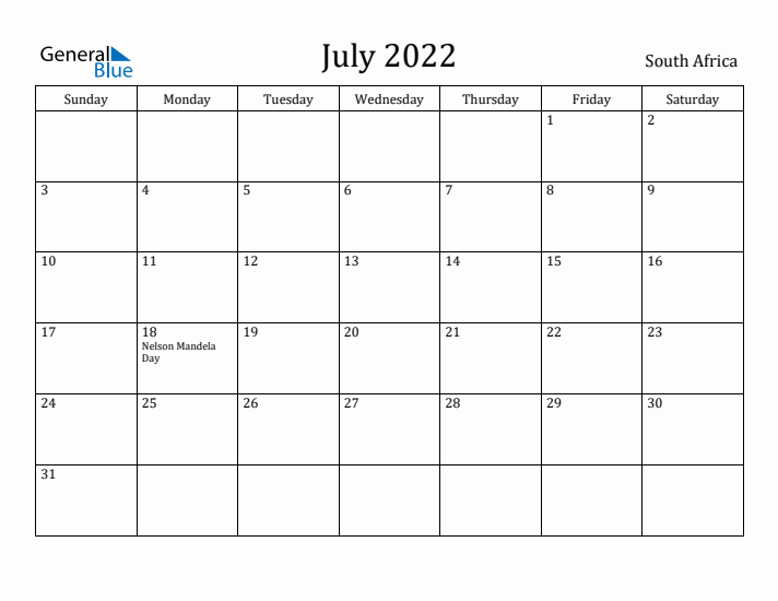 July 2022 Calendar South Africa